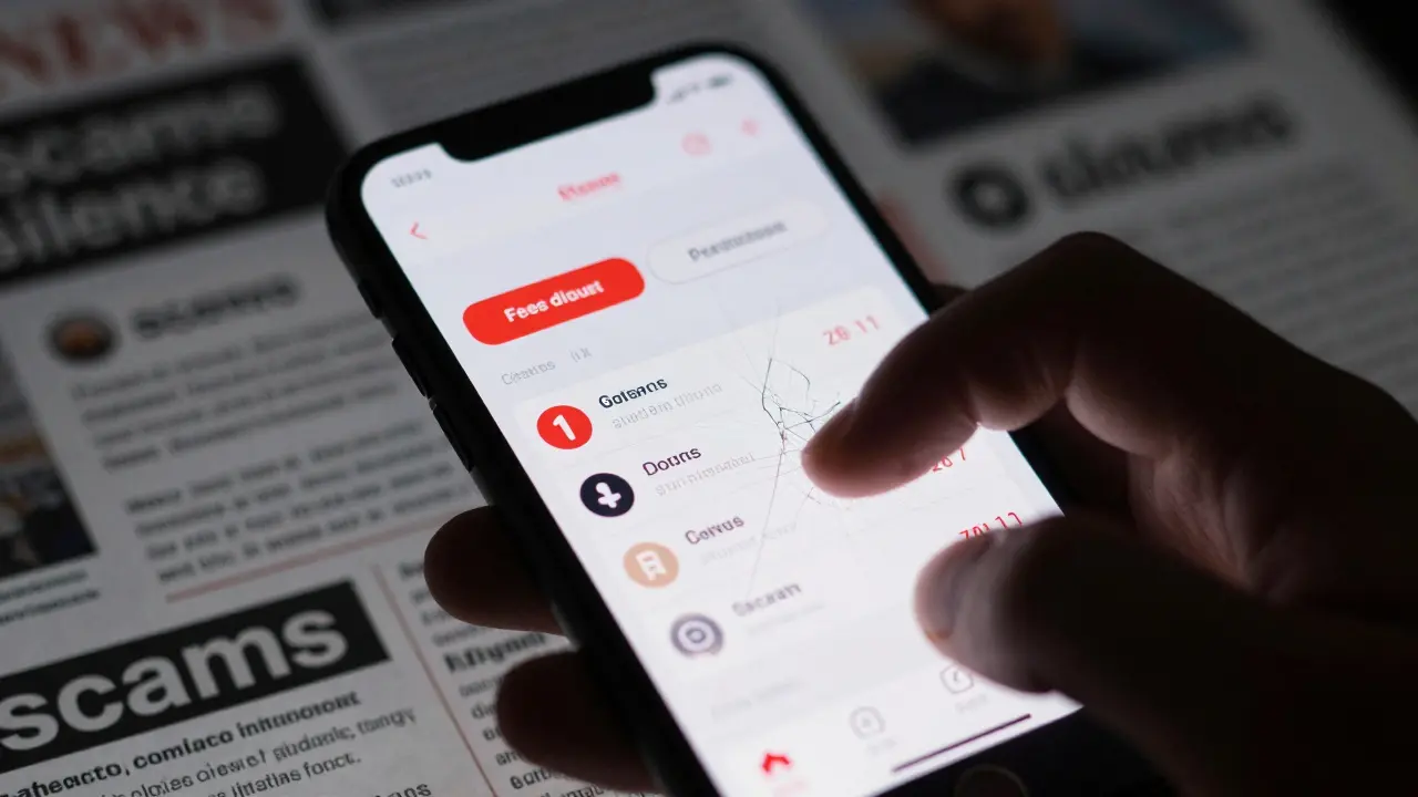 Hand hovering over a glitchy crypto app with warning signs.