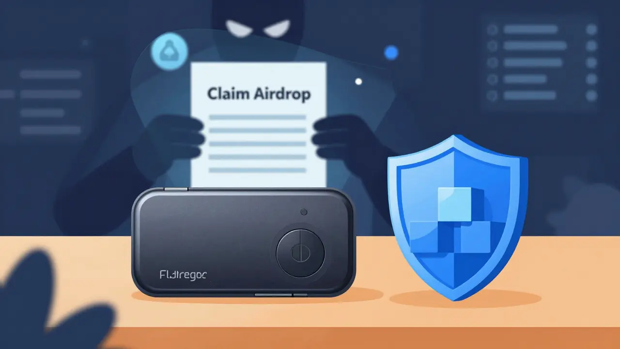 Hardware wallet protected by blockchain shield against scammer figure