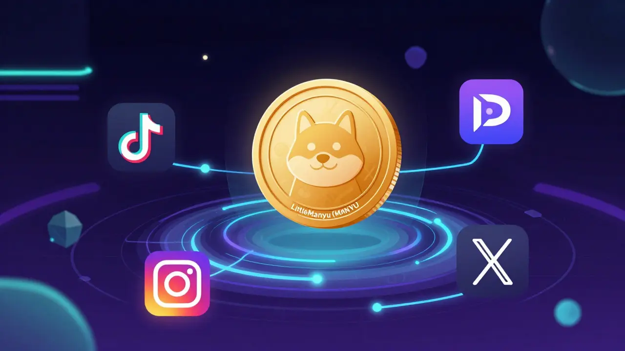 Holographic crypto coin connected to social media icons on a blockchain network
