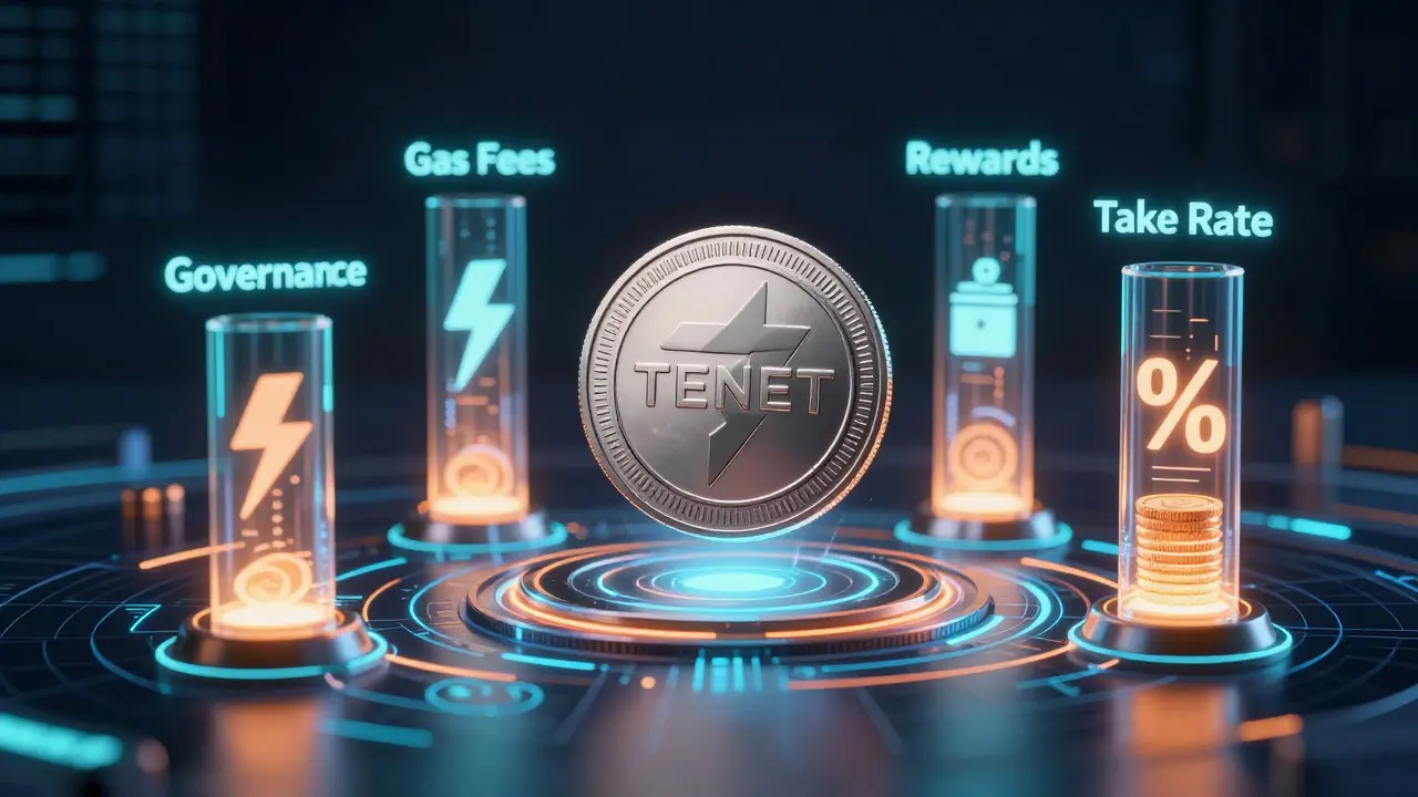 Holographic display of TENET token utilities including gas fees, governance, and rewards.