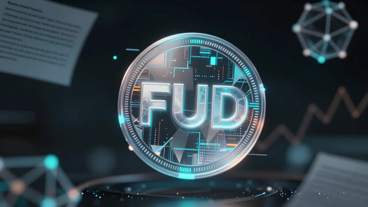 Holographic FUD token floating amidst ghostly legal documents and data streams