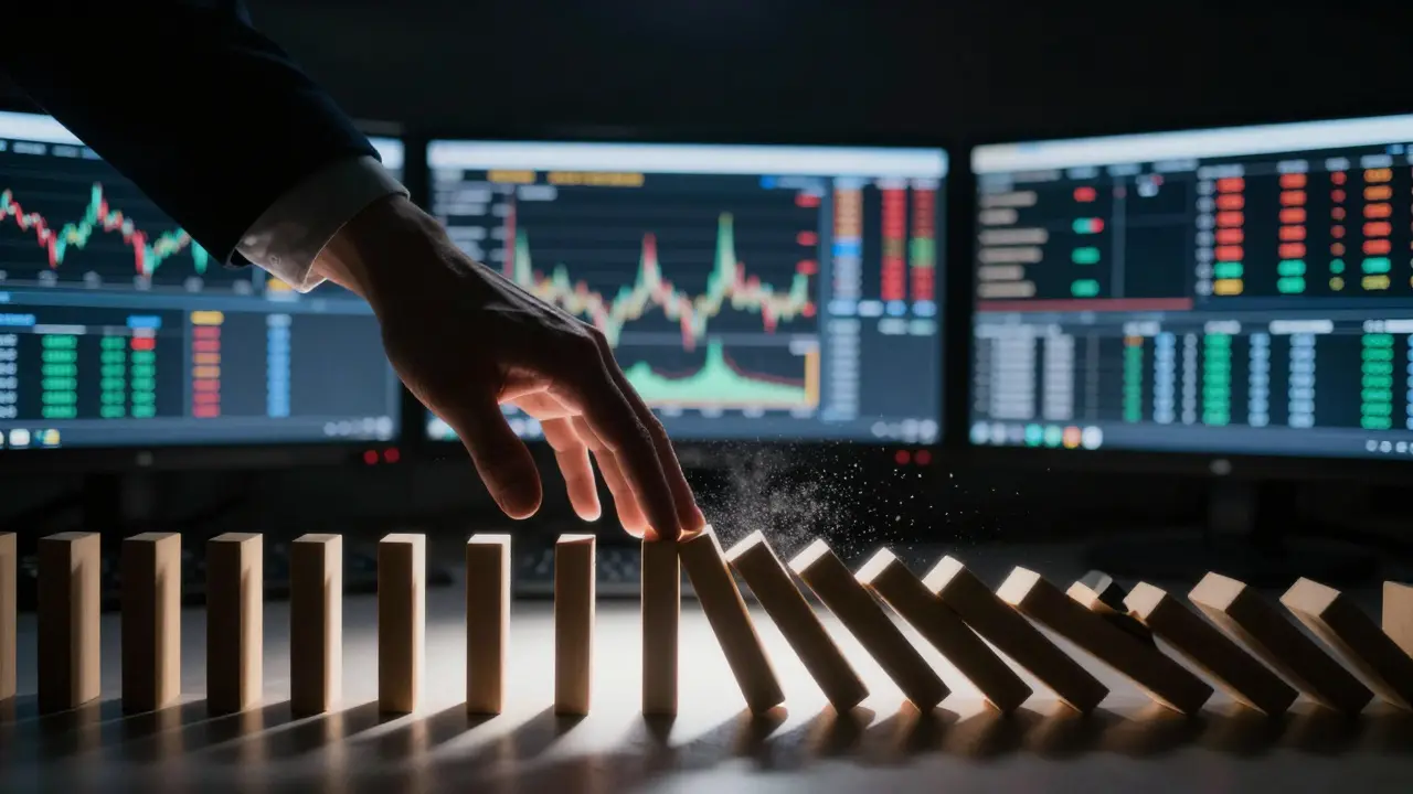 House of cards being swept away by a shadowy hand amidst trading monitors