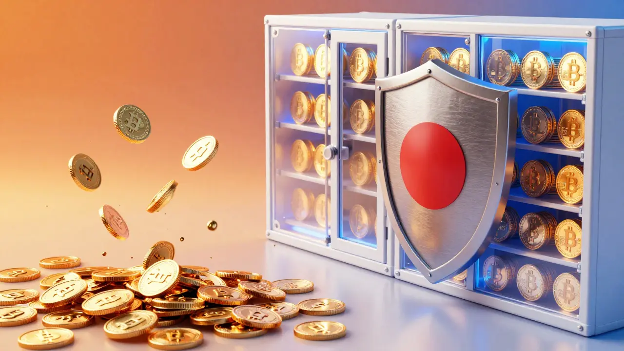 Illustration contrasting chaotic crypto trading with regulated securities vaults