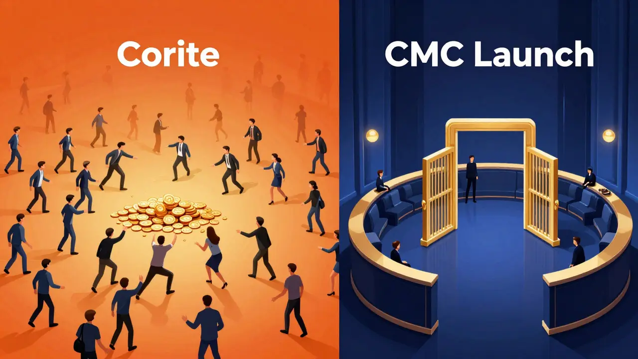 Illustration contrasting Corite airdrop crowd with exclusive CMC Launch VIP access