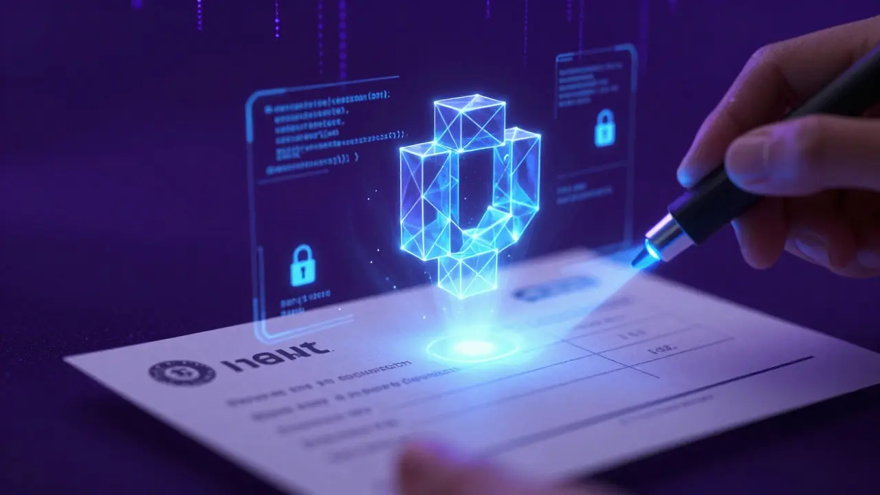 Invoice transforming into glowing NFT token via scanning beam