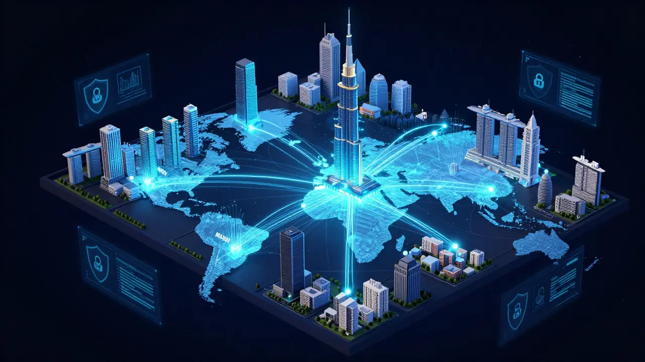 Isometric 3D map of global cities connected by glowing blockchain data networks