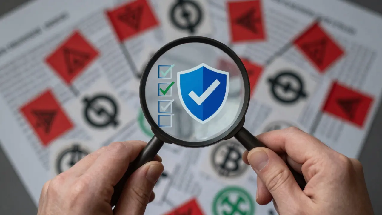 Magnifying glass revealing safety icons amidst crypto chaos and red flags