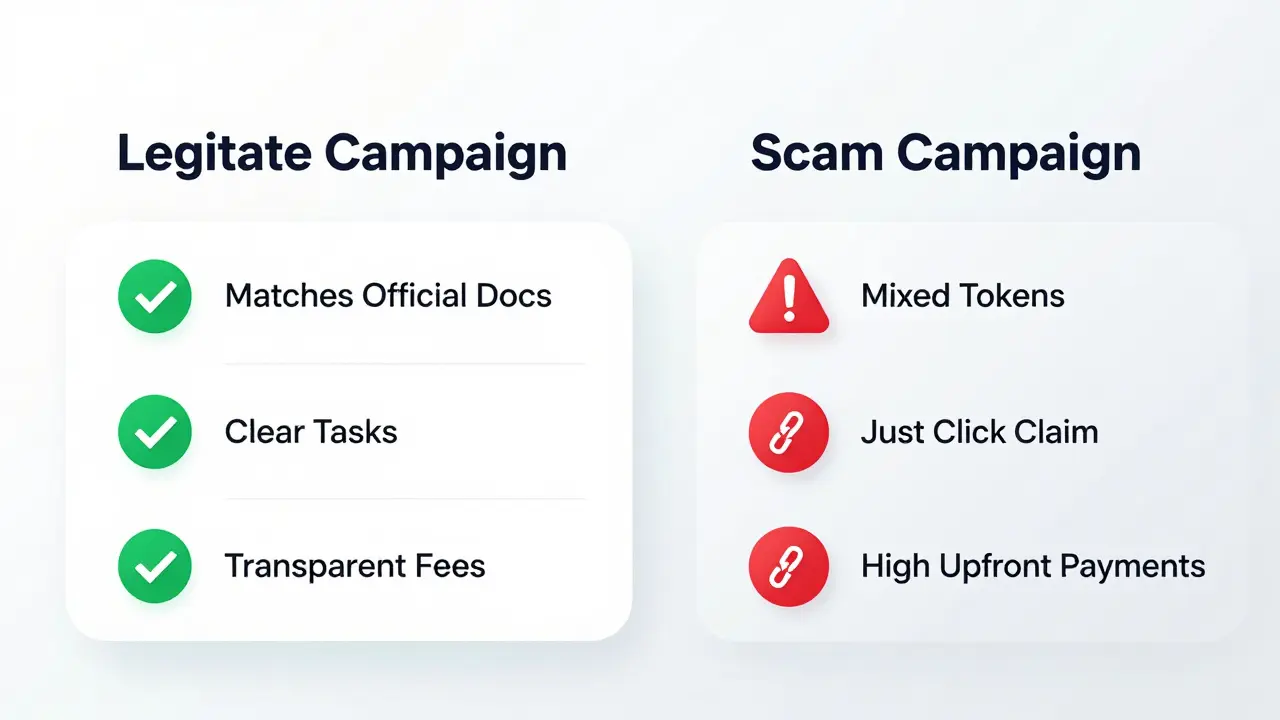Modern flat design comparison chart highlighting the differences between legitimate crypto campaigns and suspicious scams.