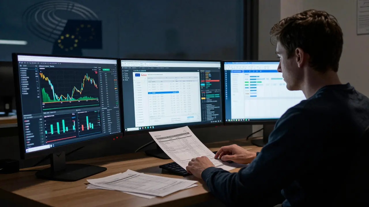 Person reviewing crypto tax documents on computer screens with EU building shadow