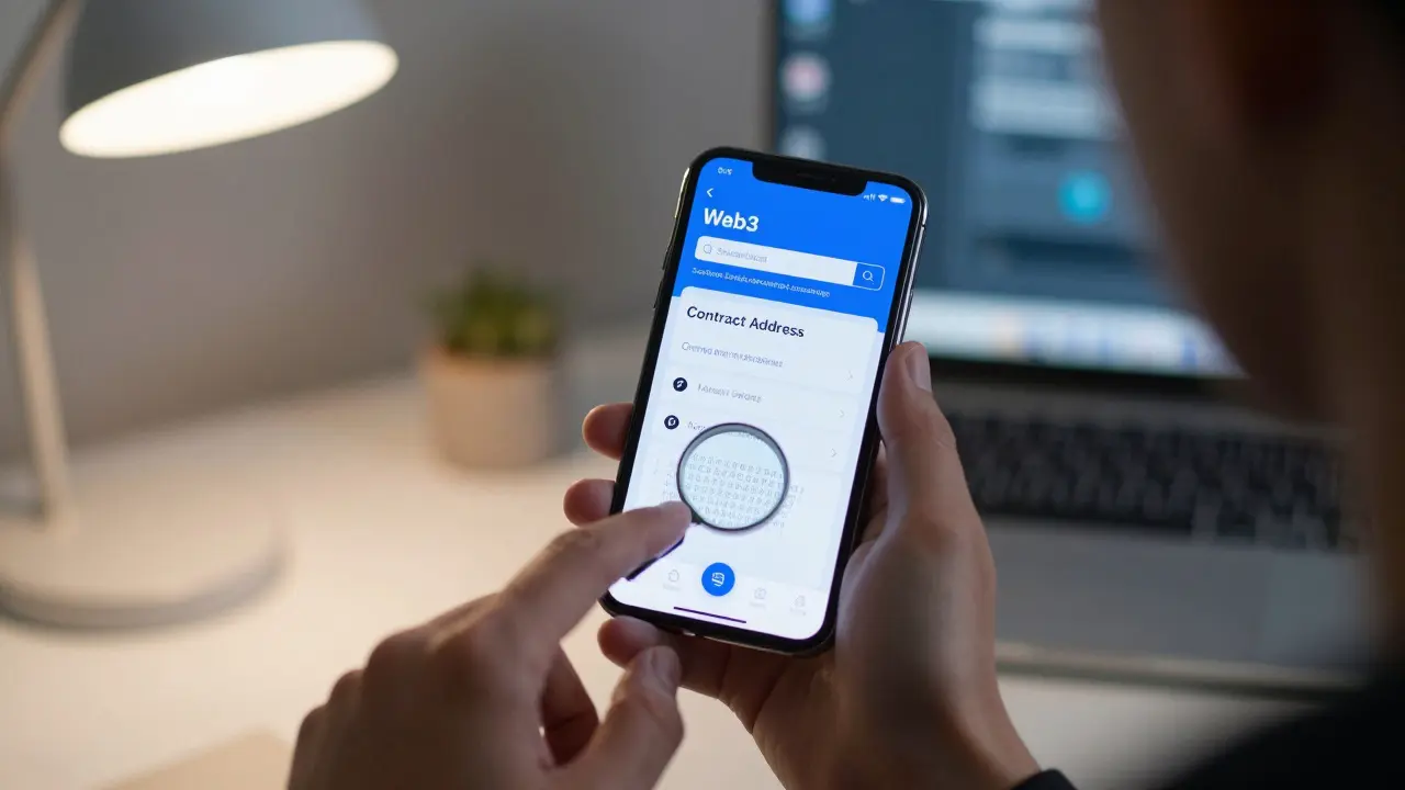 Person verifying crypto contract on smartphone