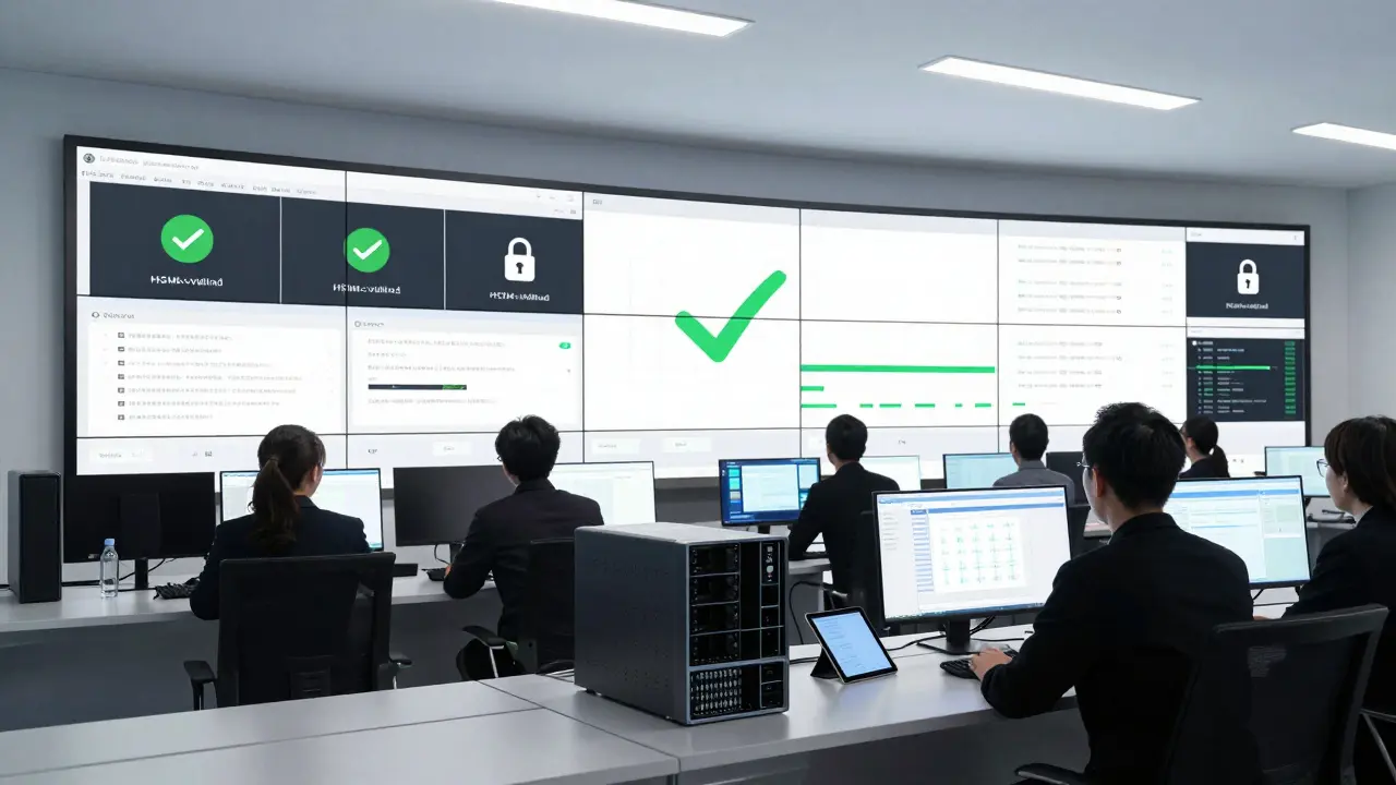 Security team monitoring blockchain transactions in a modern data center.