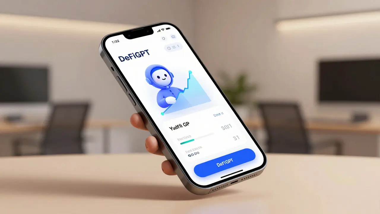Sleek smartphone interface showing an AI assistant helping optimize crypto yields in a wallet.