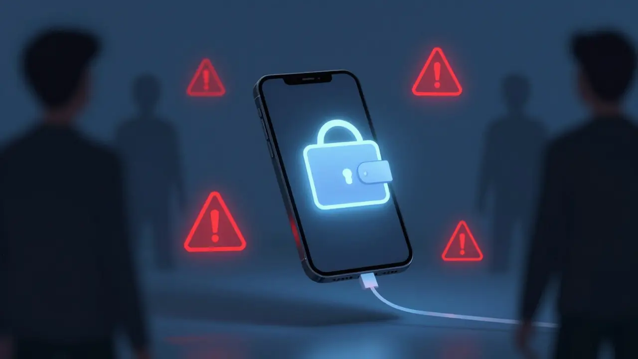 Smartphone connected to wallet surrounded by shadows and red warning signs