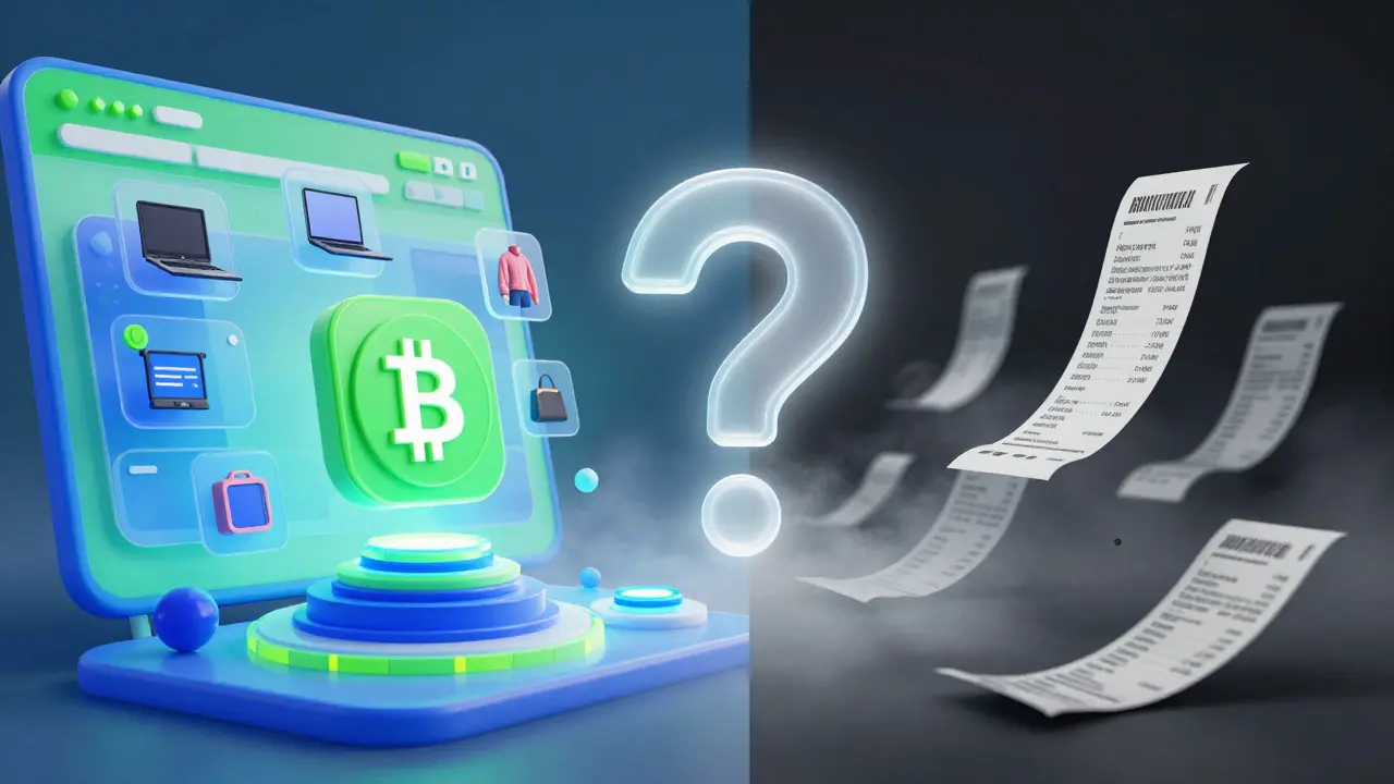 Split image showing crypto shopping vs. opaque security risks.