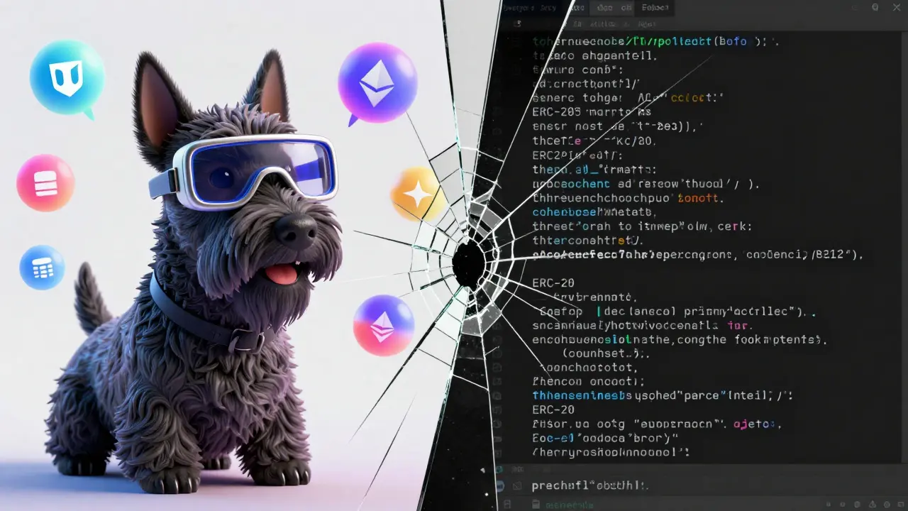 Split image showing cute dog mascot on one side and cold blockchain code on the other
