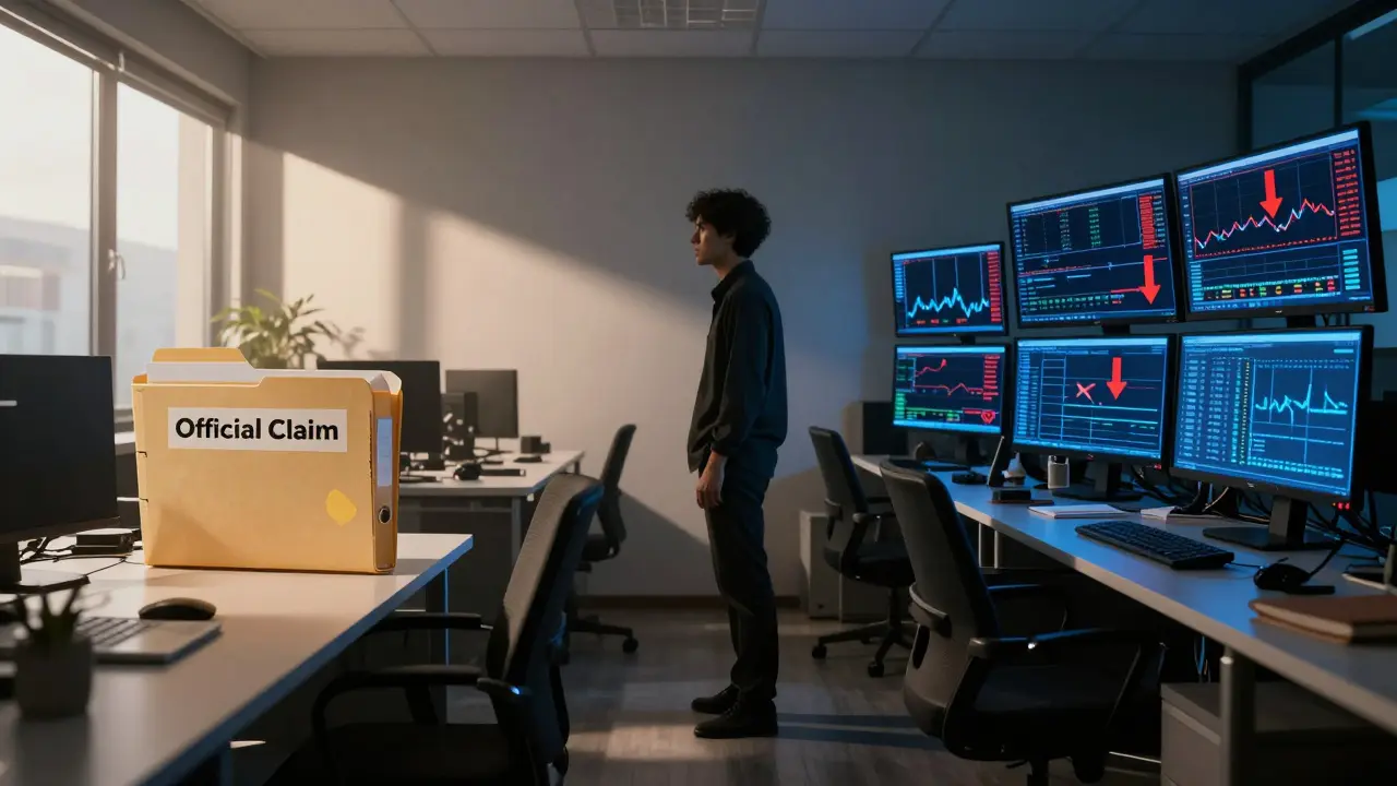 Split scene contrasting secure official claims with chaotic crypto trading screens