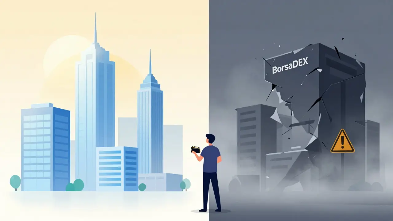 Split view comparing safe audited exchanges vs risky unknown platform