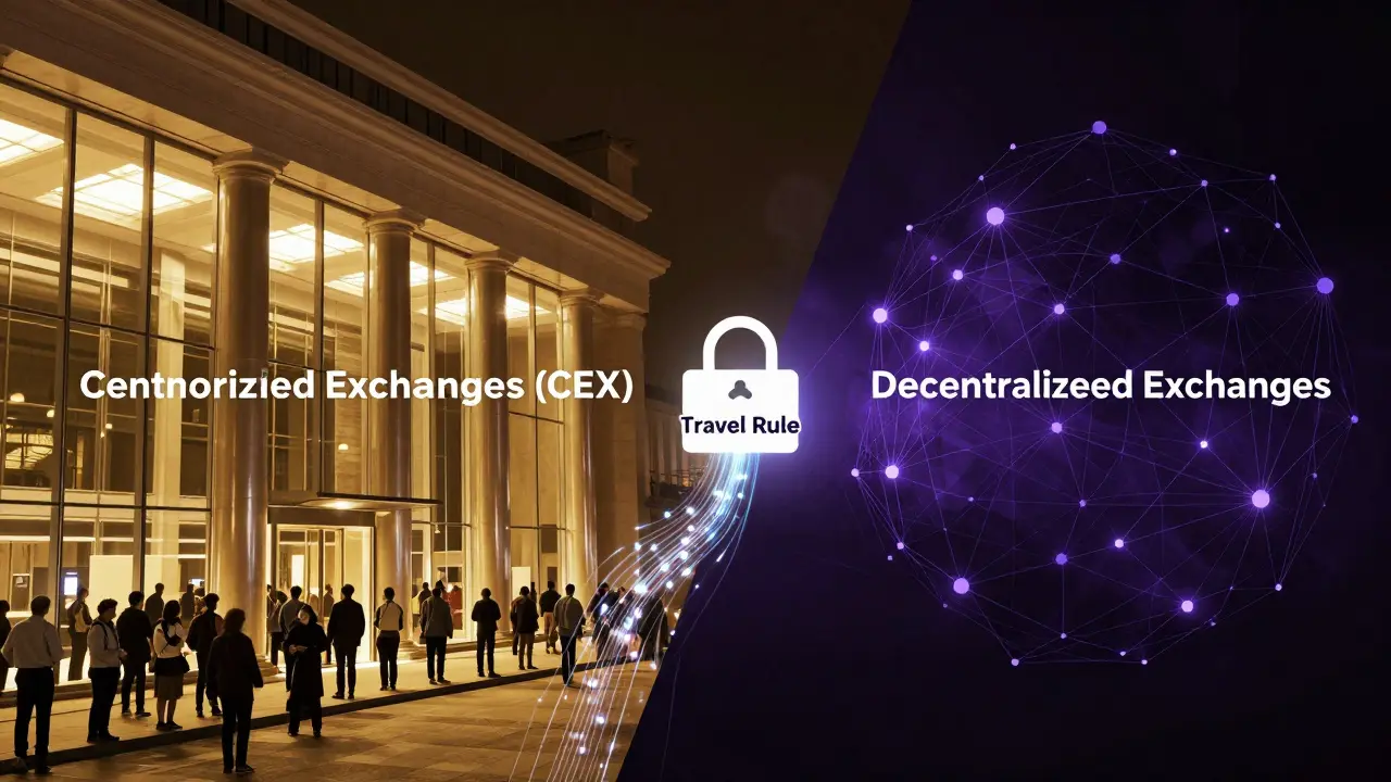 Split view showing compliant banks versus anonymous decentralized networks