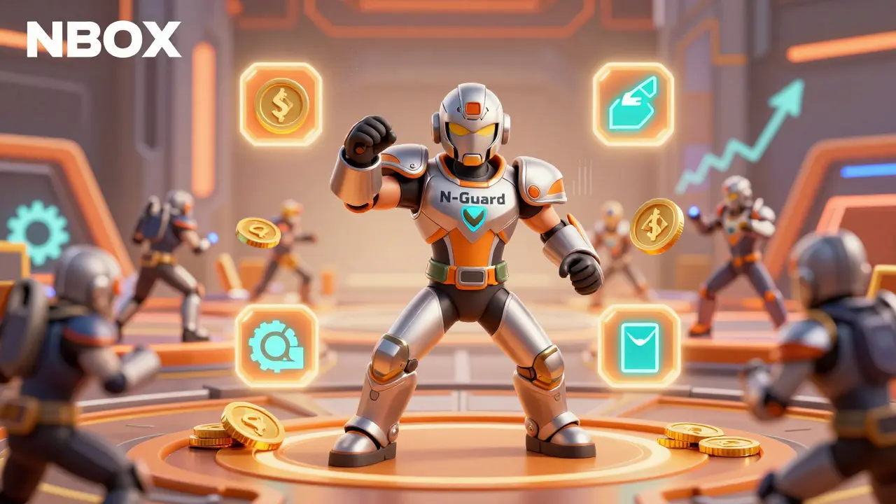 Stylized N-Guard NFT character surrounded by automated combat rewards and stats