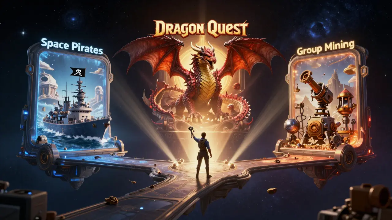 Three futuristic portals representing Space Pirates, Dragon Quest, and Group Mining