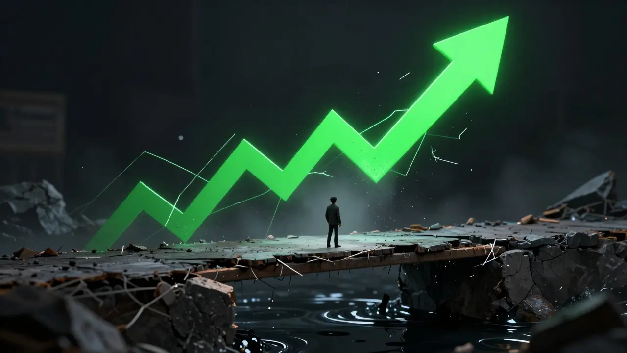 Tiny investor on crumbling bridge under fake spiking price chart