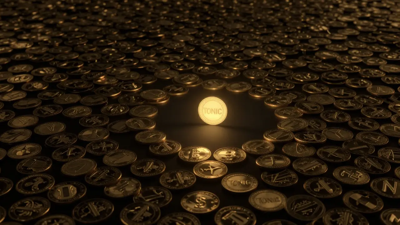Visual metaphor of one small TONIC coin surrounded by infinite faint copies to show massive supply