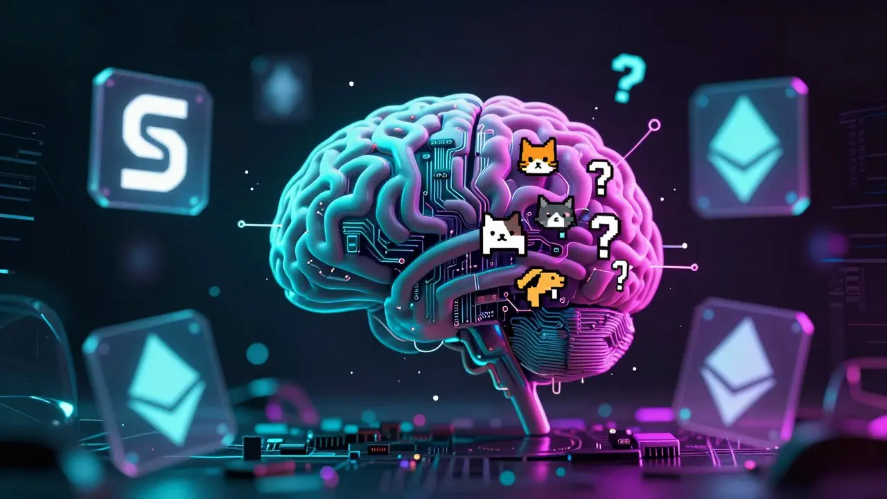 A digital AI brain merging with meme icons and conflicting blockchain symbols in a cyberpunk void.