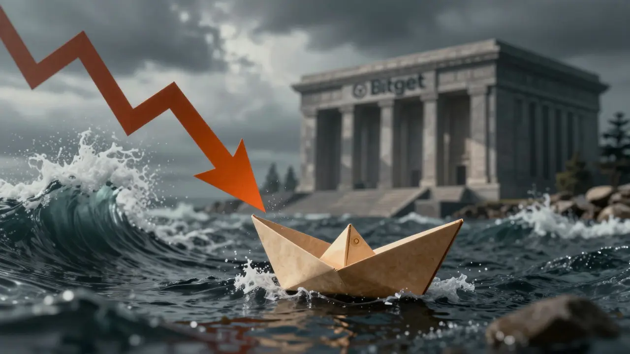 A small boat navigating turbulent waters near a massive exchange building under stormy skies.