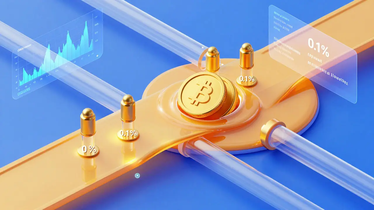 Abstract 3D visualization of crypto liquidity pools and tiered fee structures.