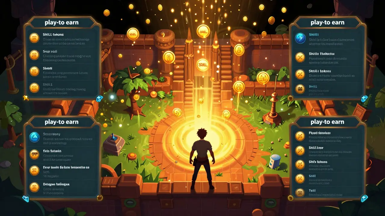 Abstract visualization of earning crypto tokens through game quests