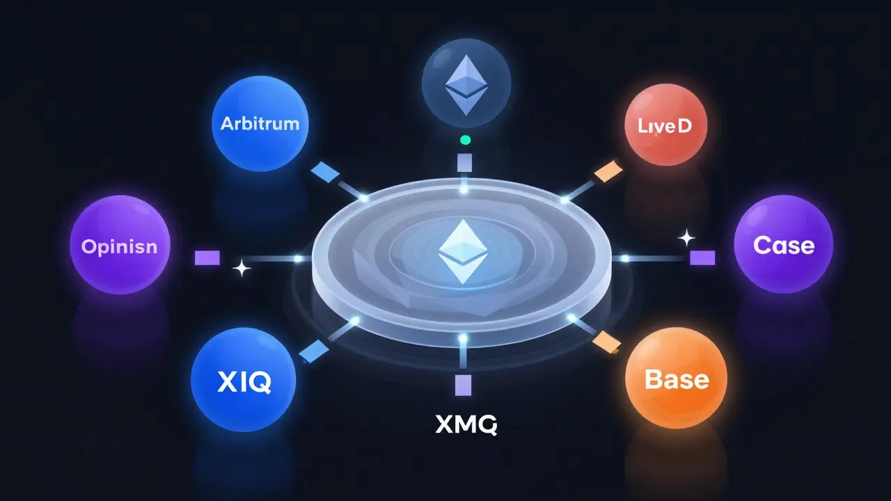 Central hub connecting colorful Ethereum rollup spheres with data streams