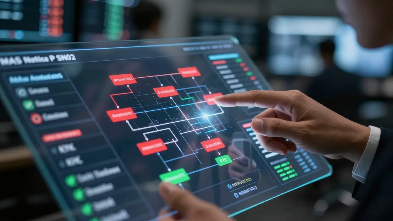 Compliance officer analyzing transaction flows on a holographic AML dashboard