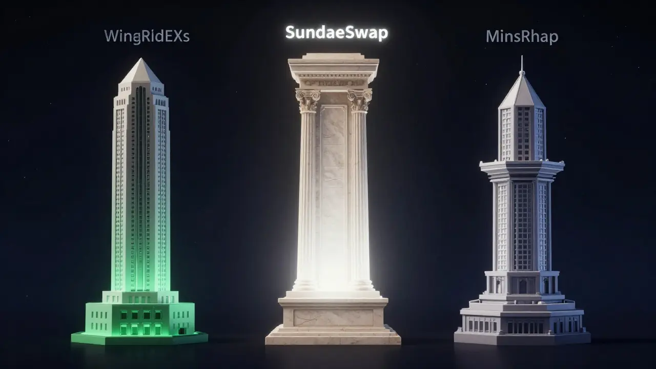 Conceptual art comparing three Cardano DEX platforms as distinct digital pillars.