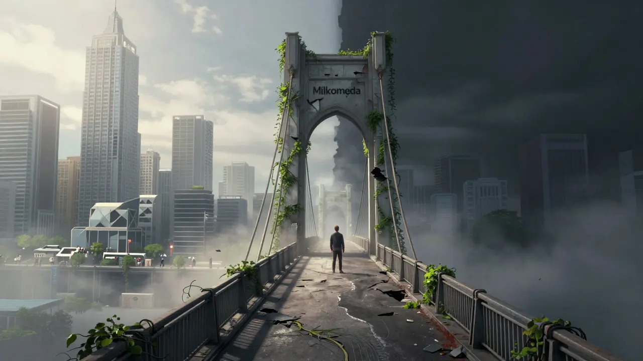 Crumbling bridge leading to darkness, symbolizing failed blockchain infrastructure.