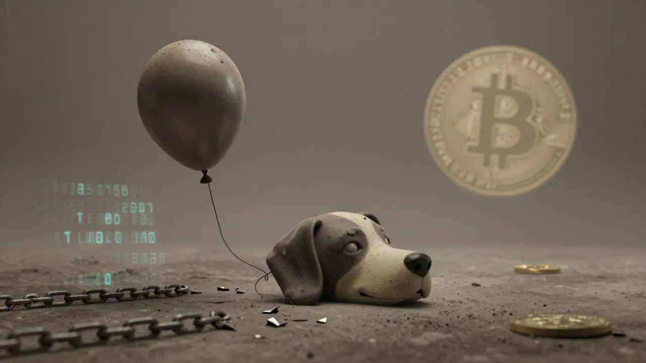 Deflated dog-shaped balloon symbolizing worthless crypto asset