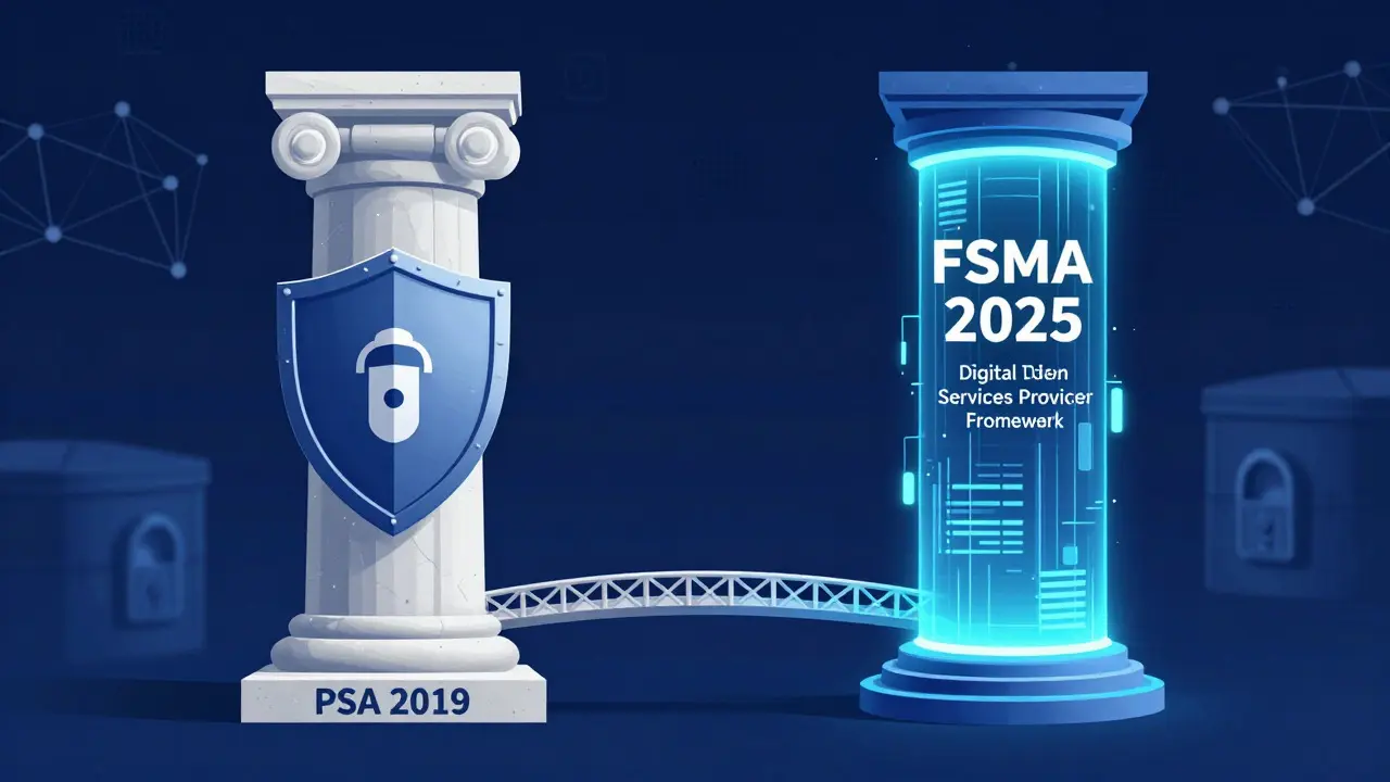 Digital art illustrating PSA and FSMA regulatory pillars supporting crypto security