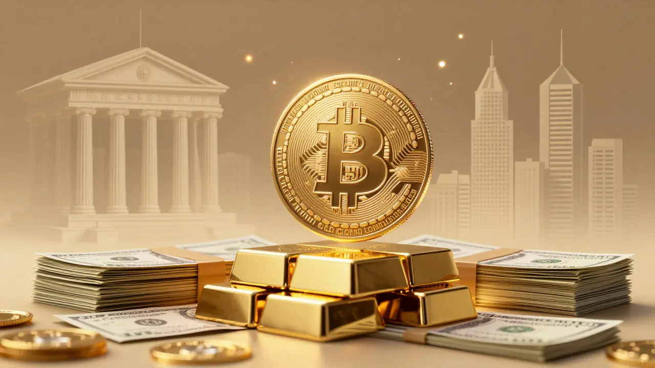 Digital coin resting on gold bars and treasury bonds, symbolizing reserves
