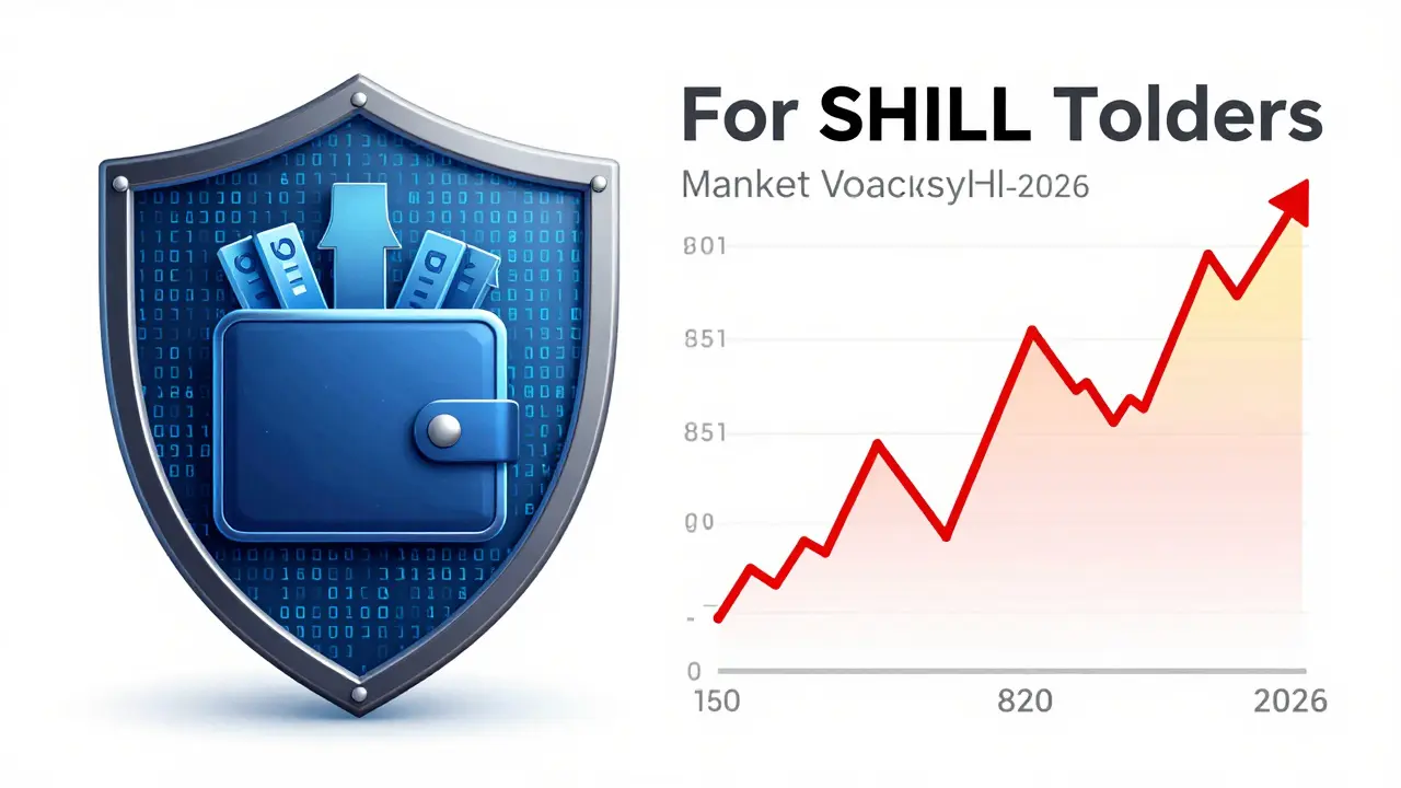 Digital shield protecting wallet from scams next to volatile chart
