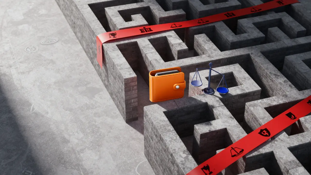 Digital wallet navigating a maze of regulatory walls and barriers