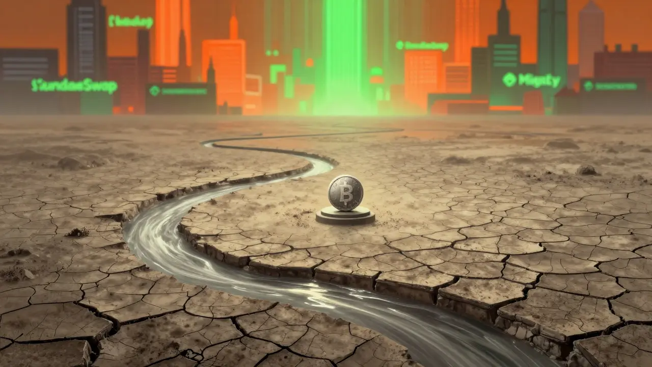 Empty digital landscape with an isolated token, contrasting with busy background cities.