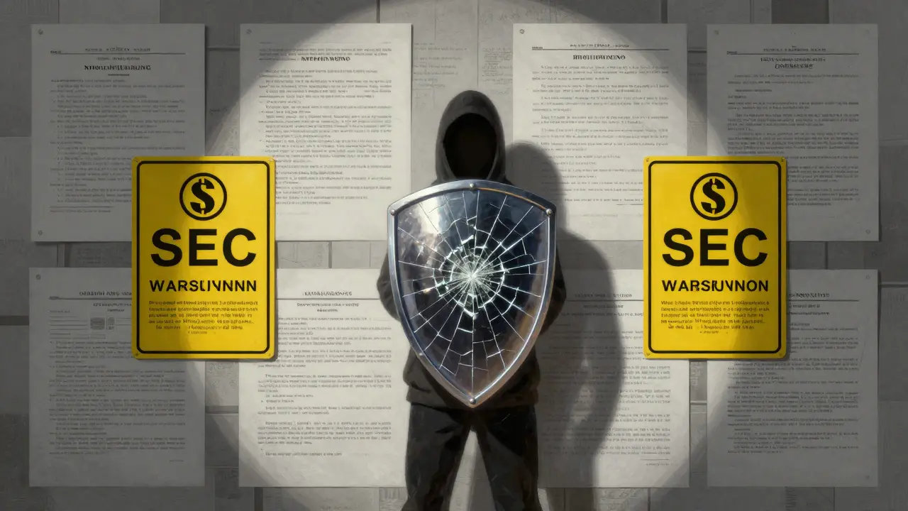 Figure facing wall of legal warnings, symbolizing regulatory risk and lack of transparency