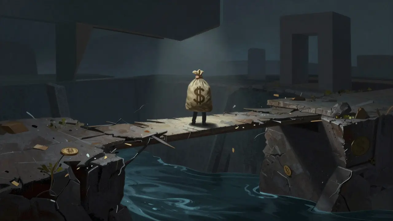 Figure on crumbling bridge representing crypto liquidity risks