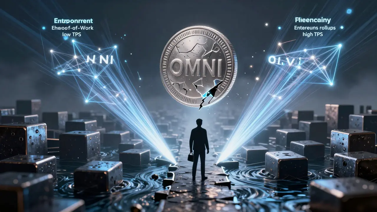 Fractured OMNI coin splitting into slow Bitcoin and fast Ethereum paths