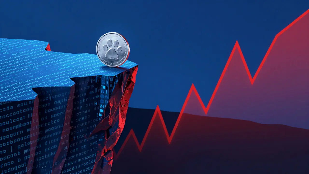 Fragile coin on cliff edge symbolizing crypto volatility