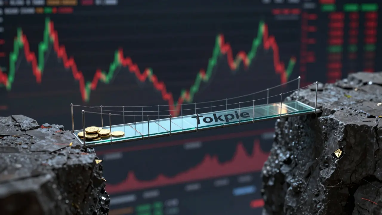 Fragile glass bridge over chasm representing low liquidity and single exchange listing