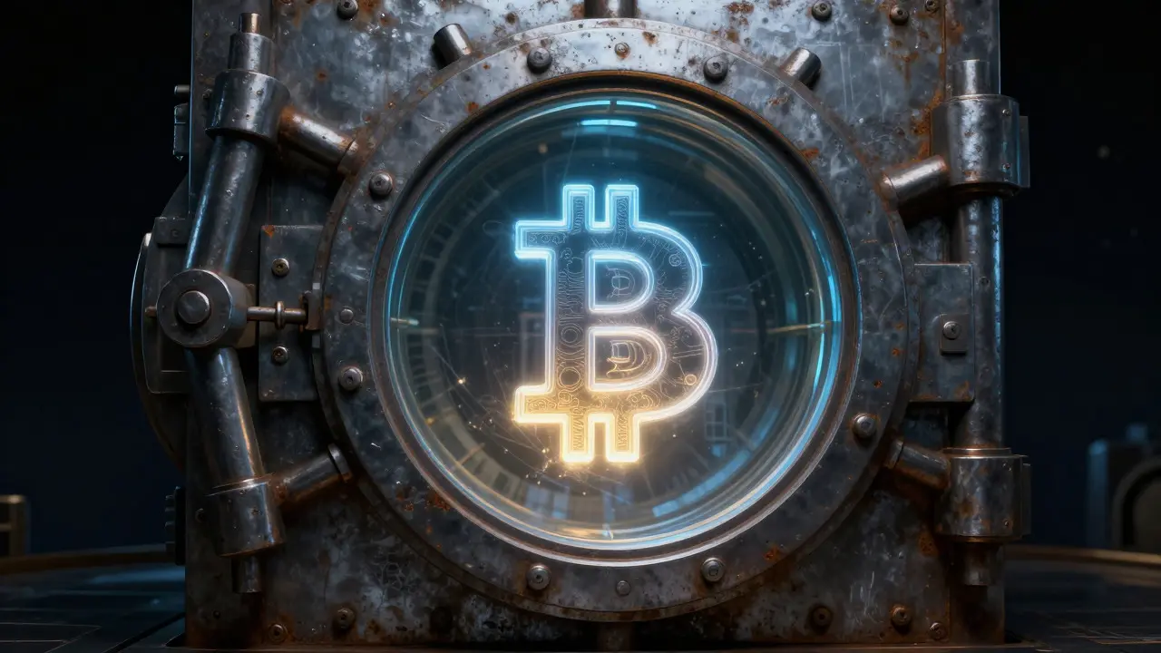Glowing Bitcoin trapped inside a sealed, impenetrable vault door