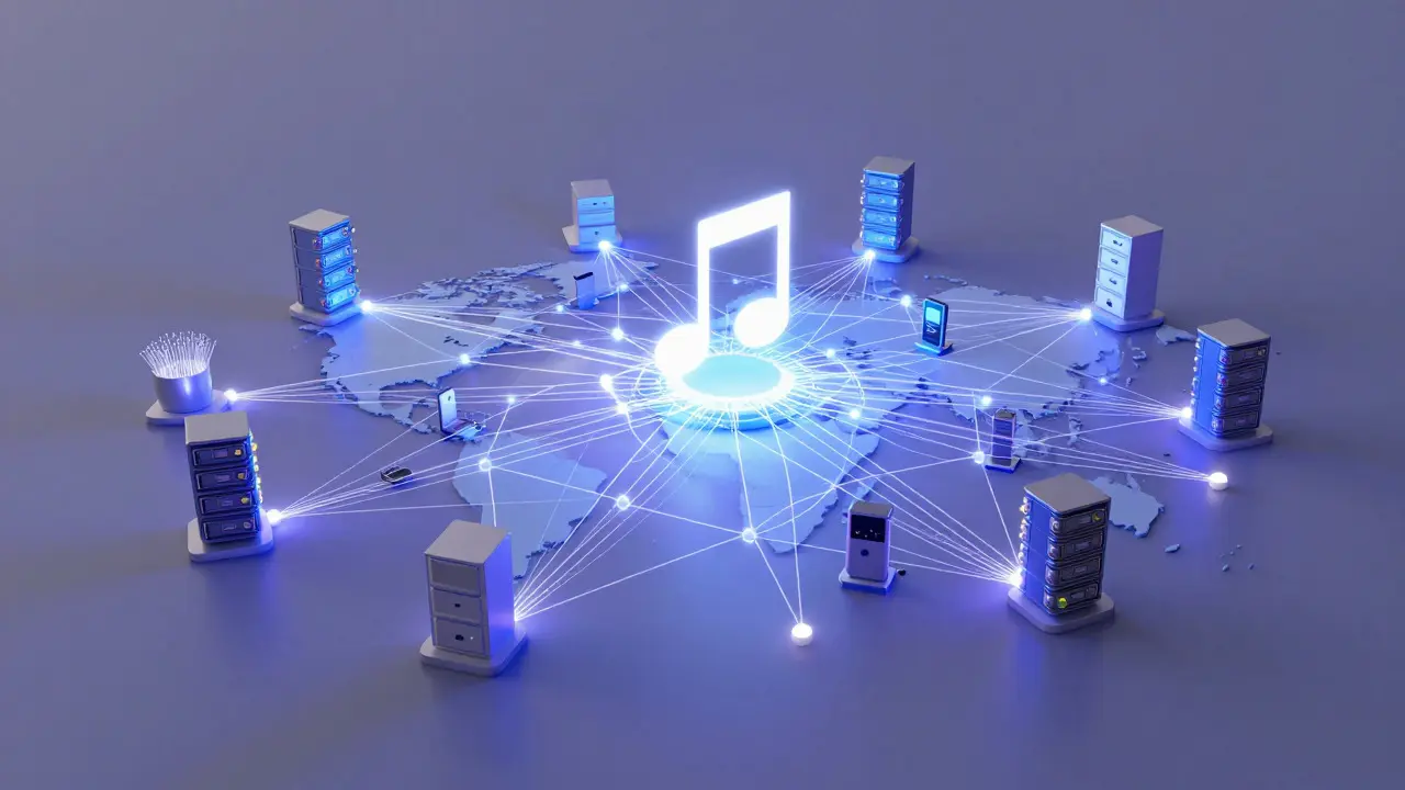 Glowing decentralized network nodes connecting globally around a musical note