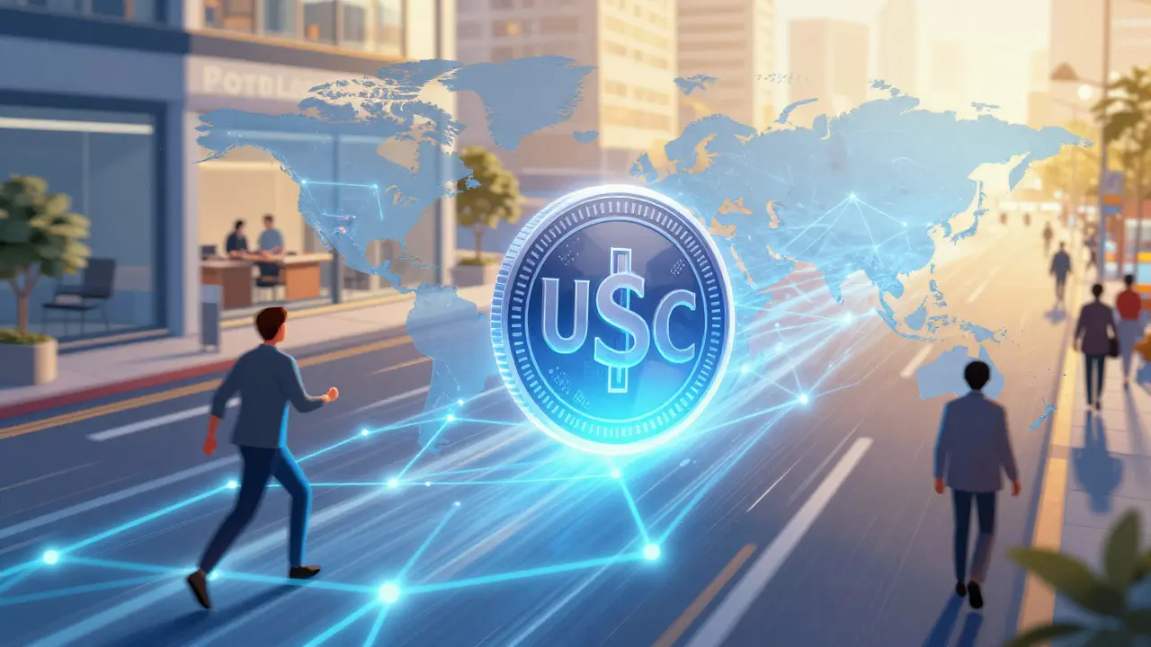 Glowing digital coin moving instantly between two people globally
