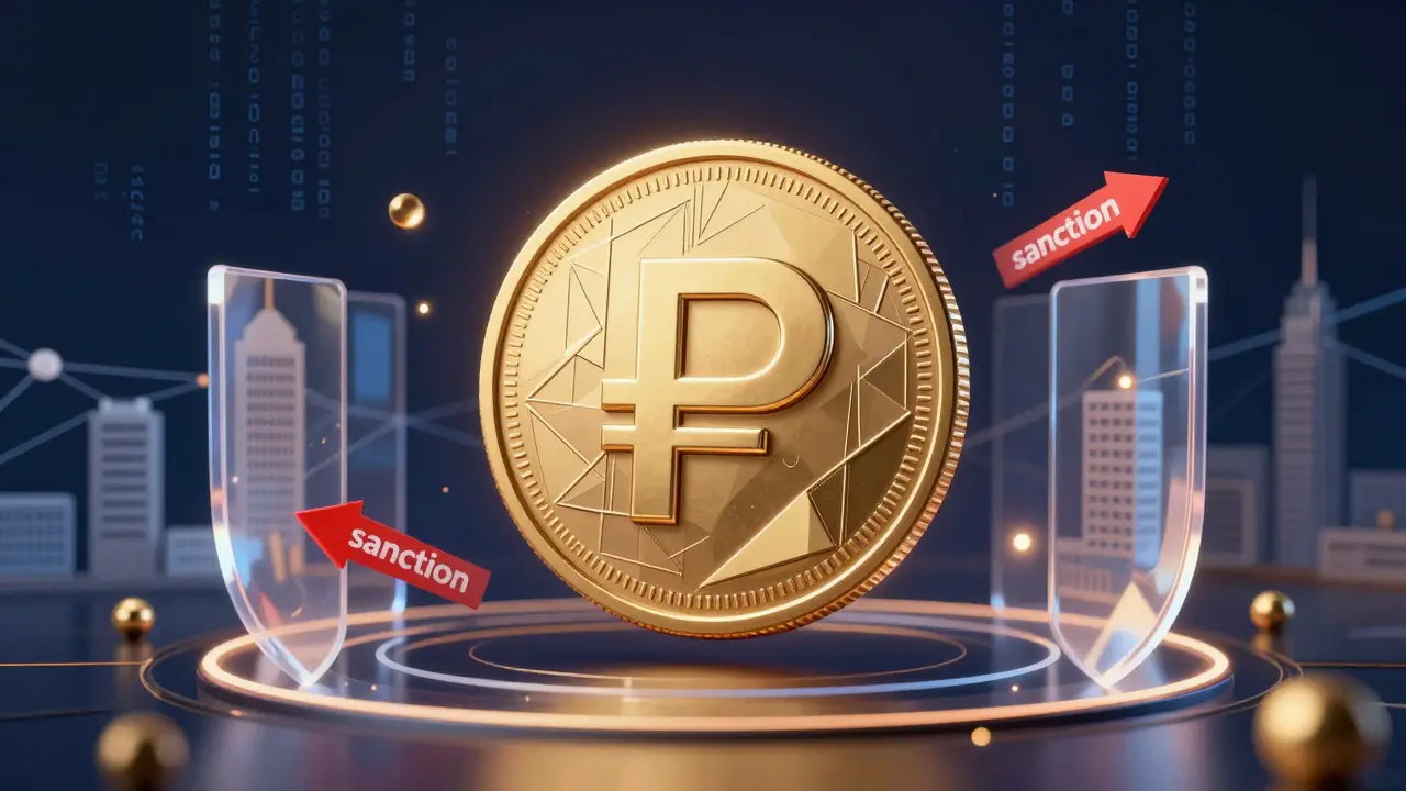 Golden stablecoin shielded from sanction arrows in a digital network