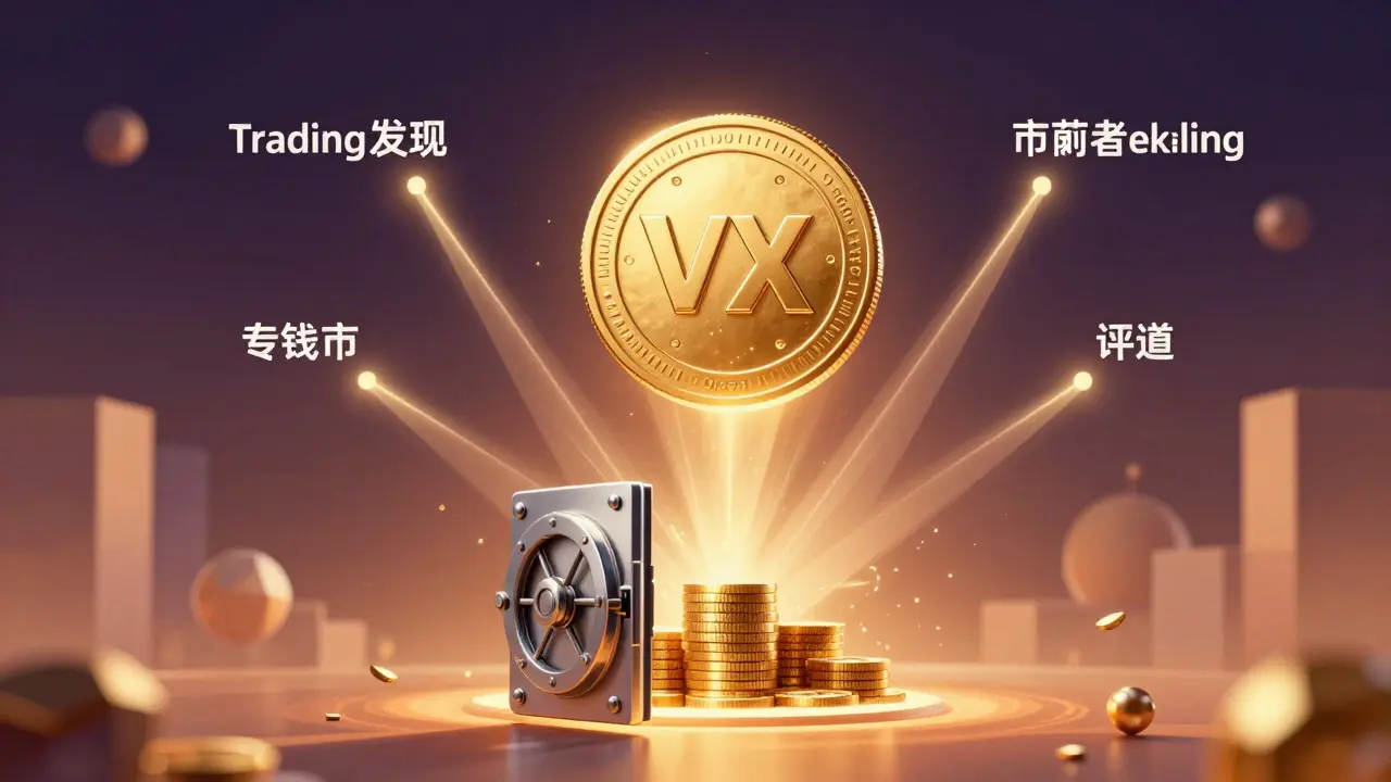 Golden VX token surrounded by streams of light representing staking and mining rewards.